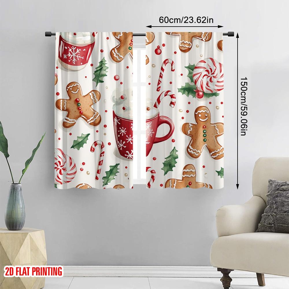 2pcs,2D Plane Printing Window Curtain Christmas Treats Hot Chocolate Gingerbread Durable 100% Polyester Fabric (without Rod)