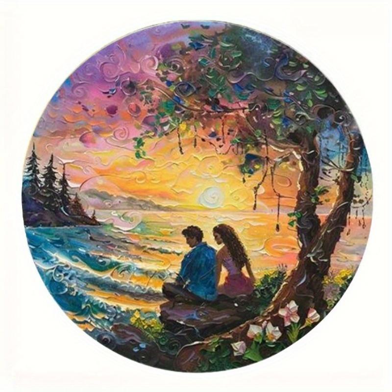

2d Flat 20*20cm, Round Wooden Wall Sign, People and Trees Under The Sunset, , for Home, Kitchen, Garden, Bedroom, Bar Wall Decor. 20*20cm