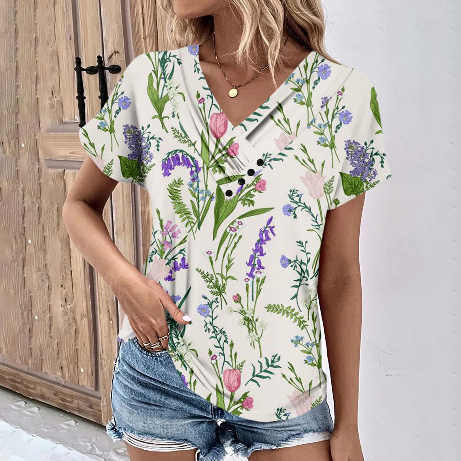 

Летние женские топы с цветочным узором для женщин, удобные женские топы с v-образным вырезом и короткими рукавами, футболки большого размера L