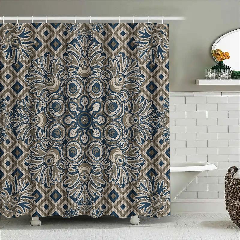 Vintage Blue Floral Shower Curtain Waterproof Home Decoration Bath Tub Decorations Bathroom Accessory Size 72X84 Inches