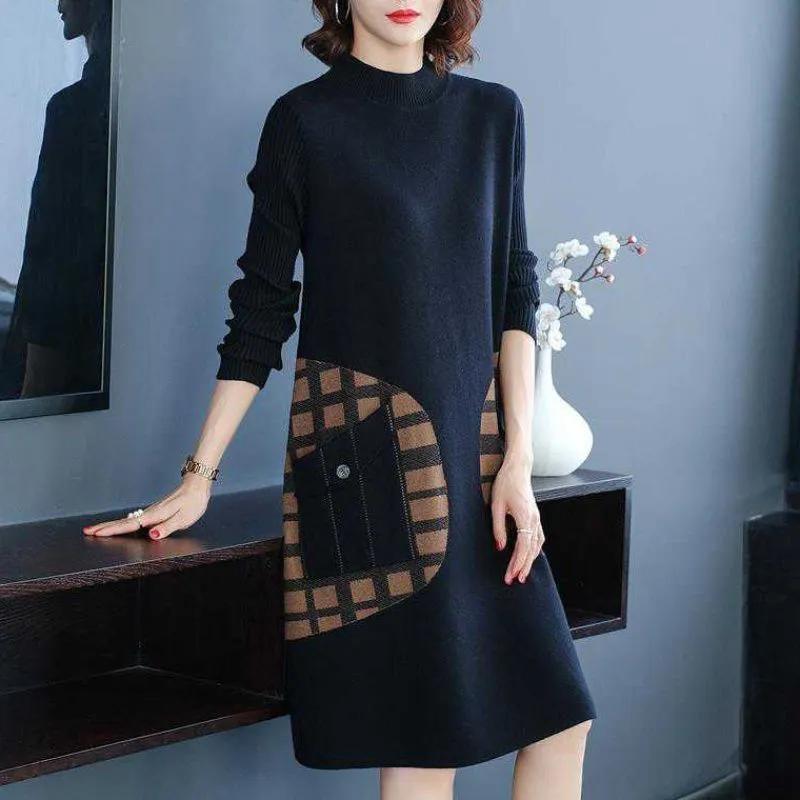 Kleid für Frau Baumwolle Winter Warm Rundhals Langarm Vintage Lässig Bedruckt Lang Stretch Strickpulloverkleider