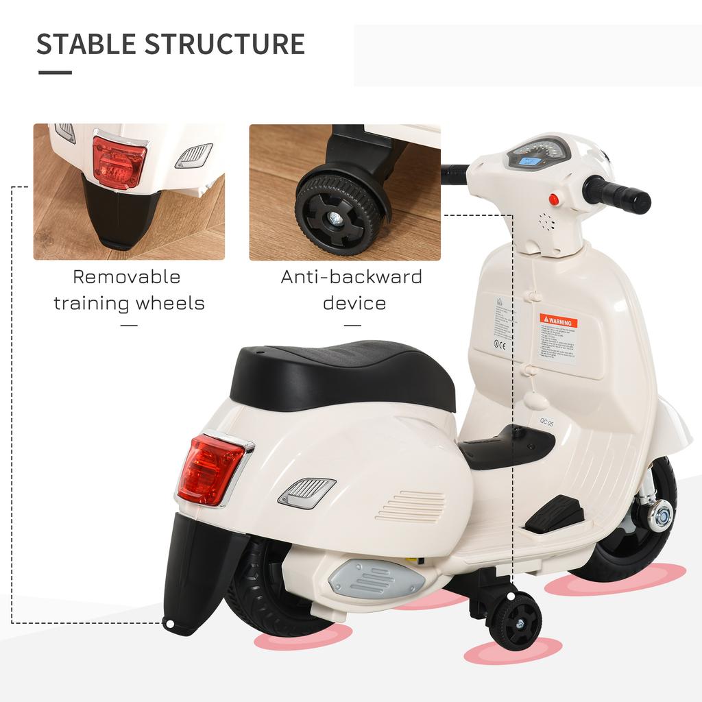 Licencovaná elektrická motorka Vespa 6V pro děti, na jízdu, napájená baterií, pro 18-36 měsíců, s klaksonem, světlometem, bílá