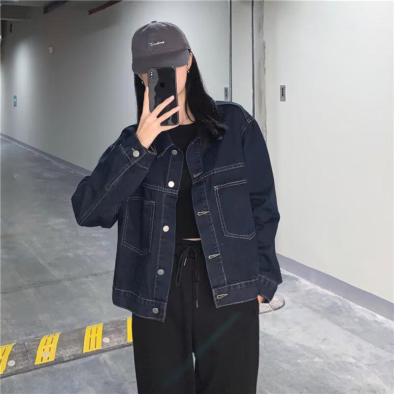 Women's Dark Blue Denim Jacket - Workwear Style, Autumn Korean Fashion, Casual Pocket Design, Slim Fit.