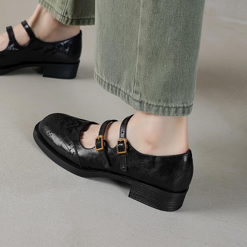 

Fashion 2025 Spring Women Pumps Sheepskin Leather Round Toe Low-heel Women Shoes Genuine Leather Mary Jane Retro Ladies Shoes 34 чёрный