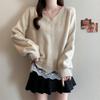 French Lace V-neck Patchwork Two-Piece Knit Sweater - Loose Fit for Autumn/Winter