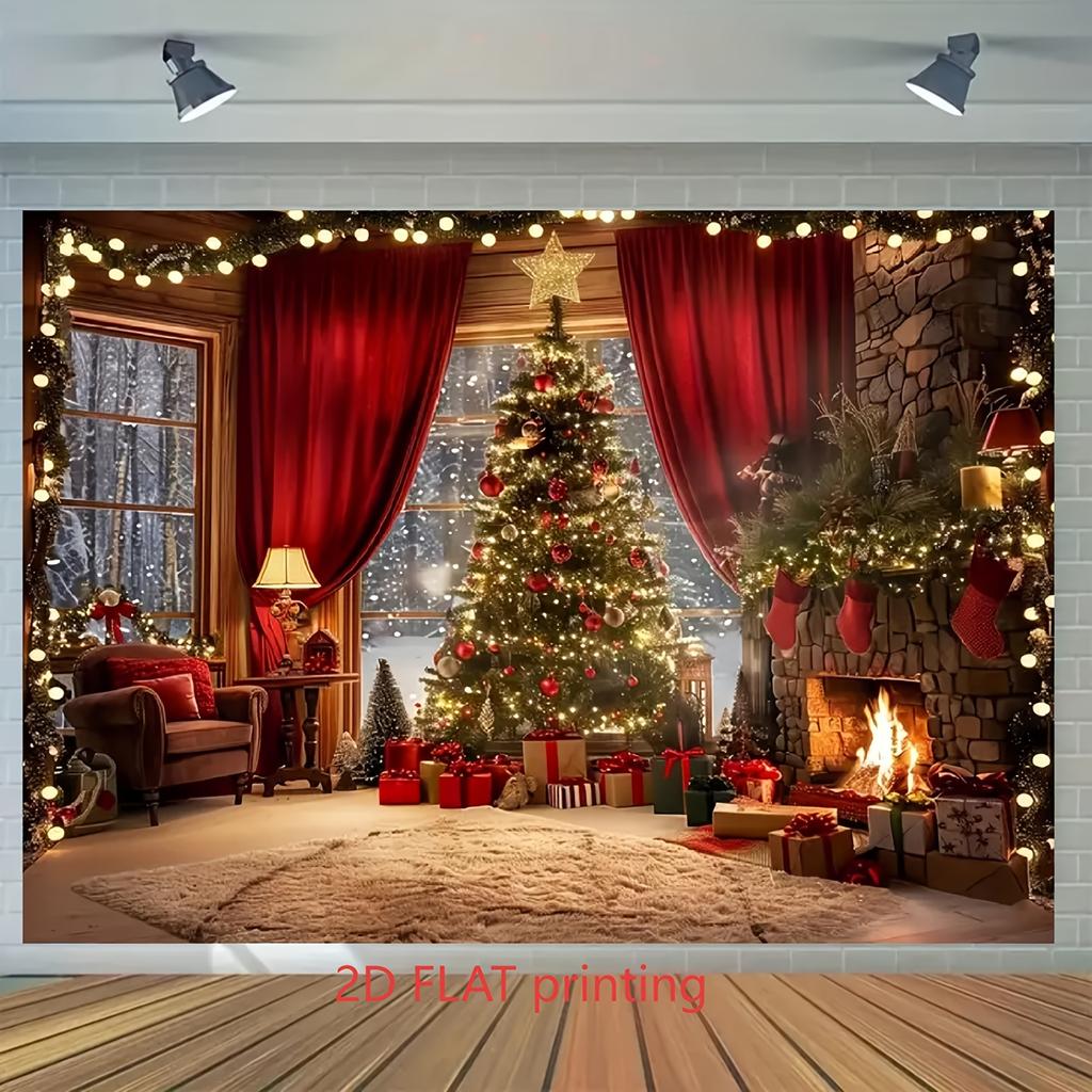 2D FLAT1PC Winter Christmas Background Cloth, Warm Room Christmas Tree Gift Box, Fireplace Design Background