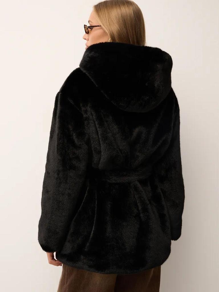 Women's Mid-Length Hooded Eco-Friendly Faux Mink Fur Coat with Belt