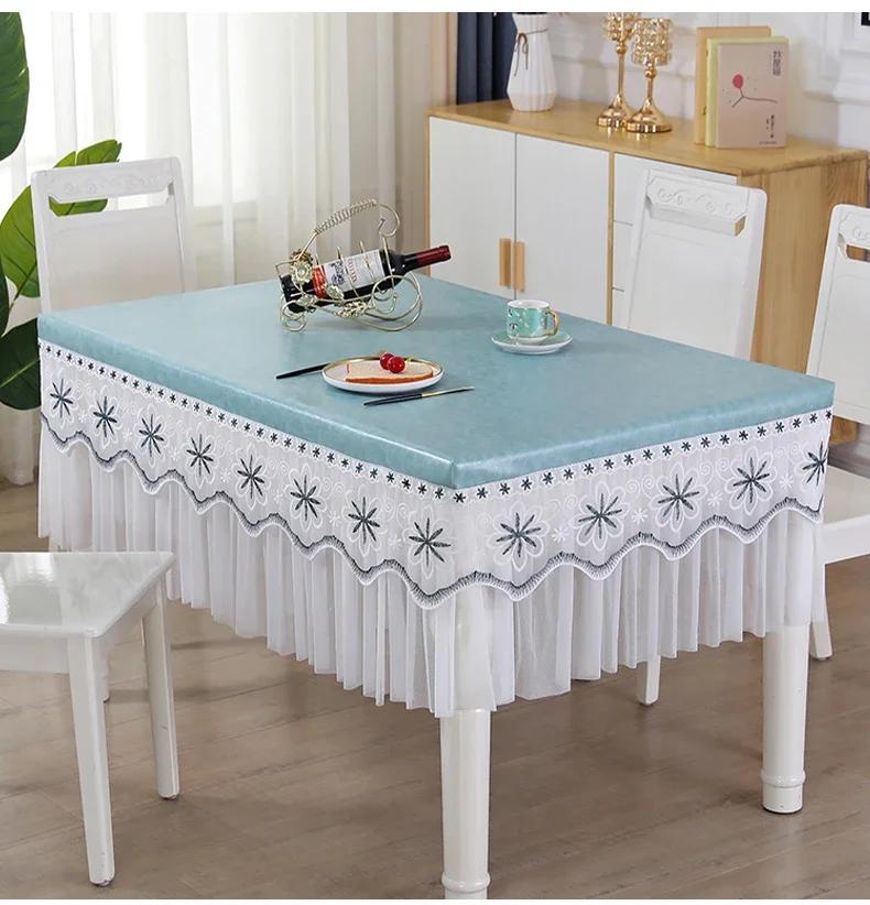 Waterproof Heat-resistant Table Cover Embroidered Lace Edge Leather Tablecloth Dining Table Chiffon Hem Oil Proof Dust Cover
