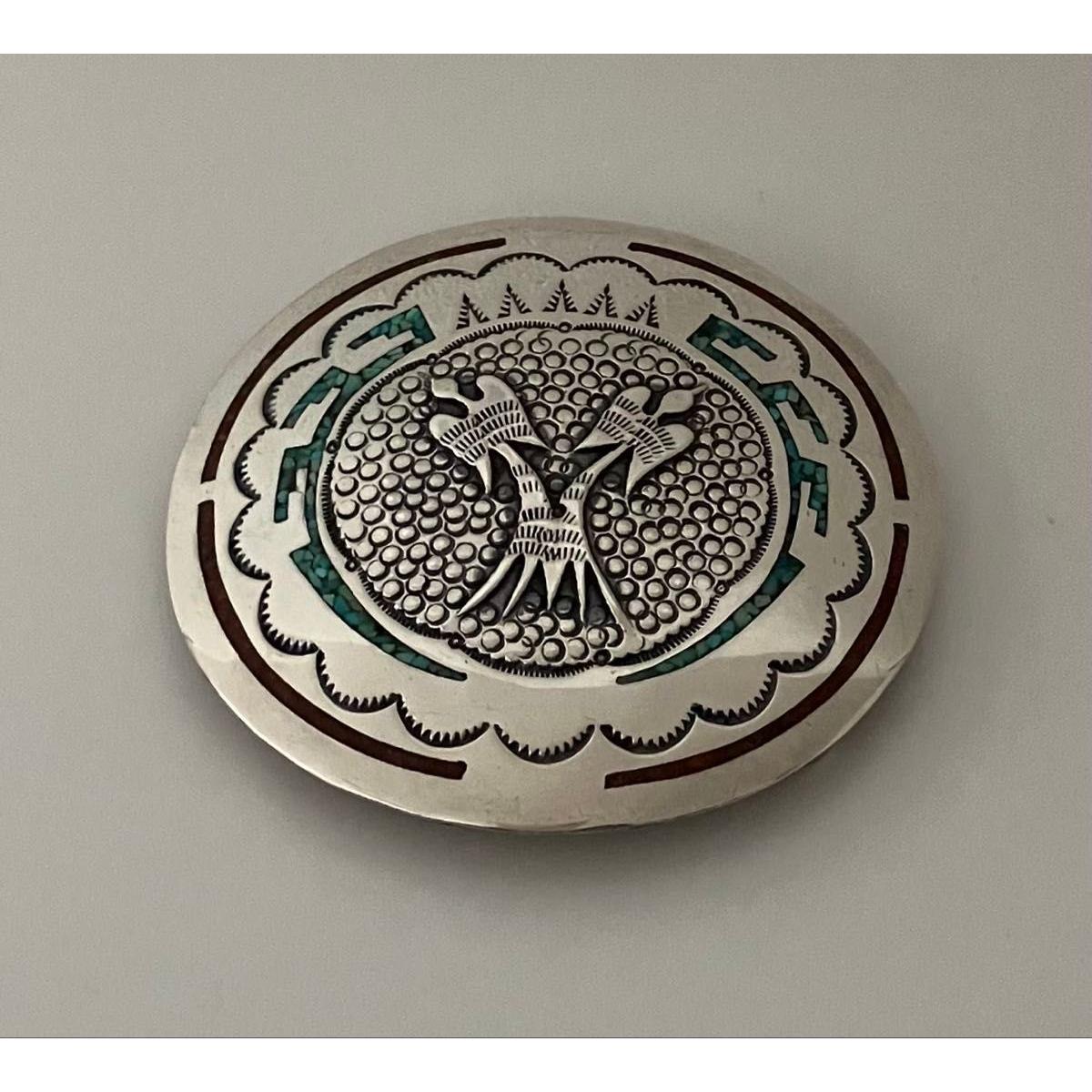 Used Native American Navajo Inlay Buckle Turquoise Coral Indian Silver