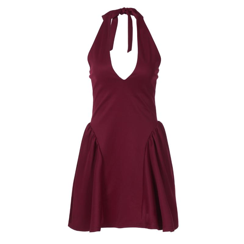 European and American Deep V Neck Halter Dress Summer New Solid Color Sleeveless Waist Slimming Dress