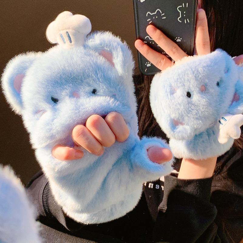 Urocze niebieskie pluszowe rękawiczki pięciopalcowe z kotem damskie zimowe ciepłe pluszowe pogrubione wiatroodporne na rower nowy