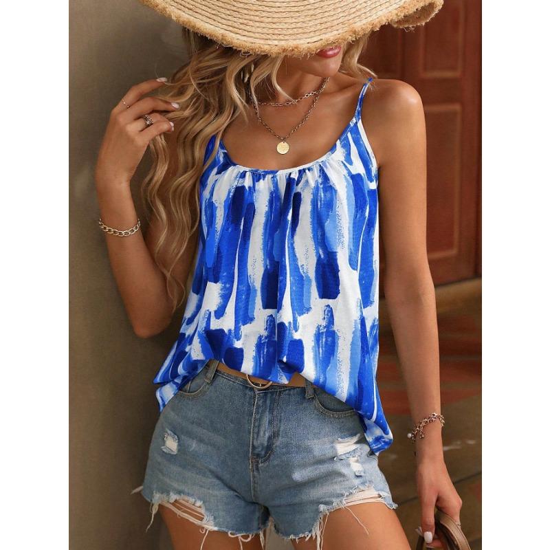 Women Summer New Pink White Brushstroke Print Spaghetti Strap Casual Camisole