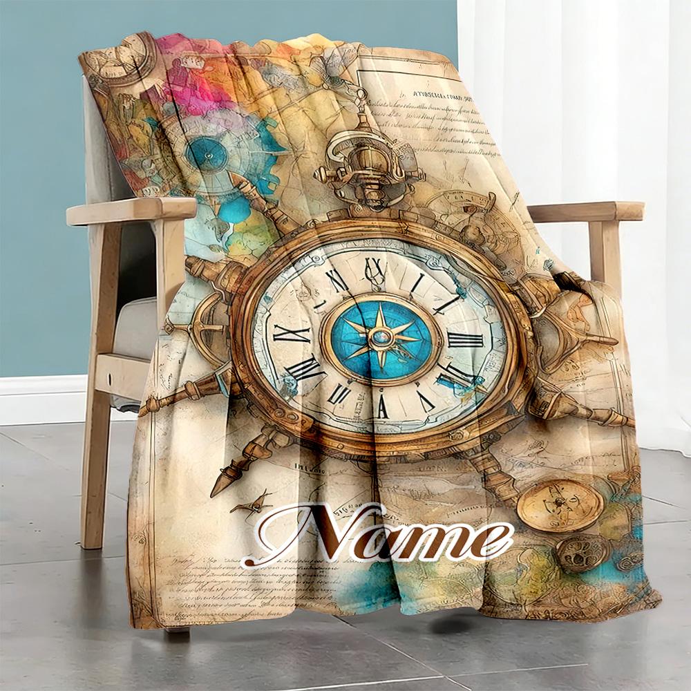 Retro Clock Customize Your Name Blanket Cozy Personalized Blanket Warmthful Decor Perfect for Couch Seaside Chair Picnics Four Seasons Multipurpose