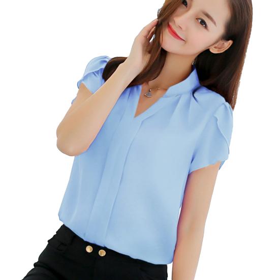 Office Lady Formal Summer Solid Color Chiffon Blouse V Neck Short Sleeve Shirt