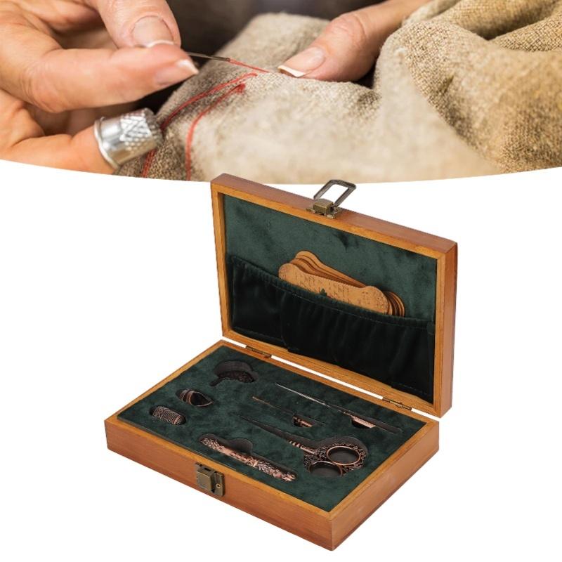 Vintage Embroidery Scissors Set Wooden Stainless Steel Sewing Box Scissors Kit Multifunctional Sewing Embroidery Tools Bronze
