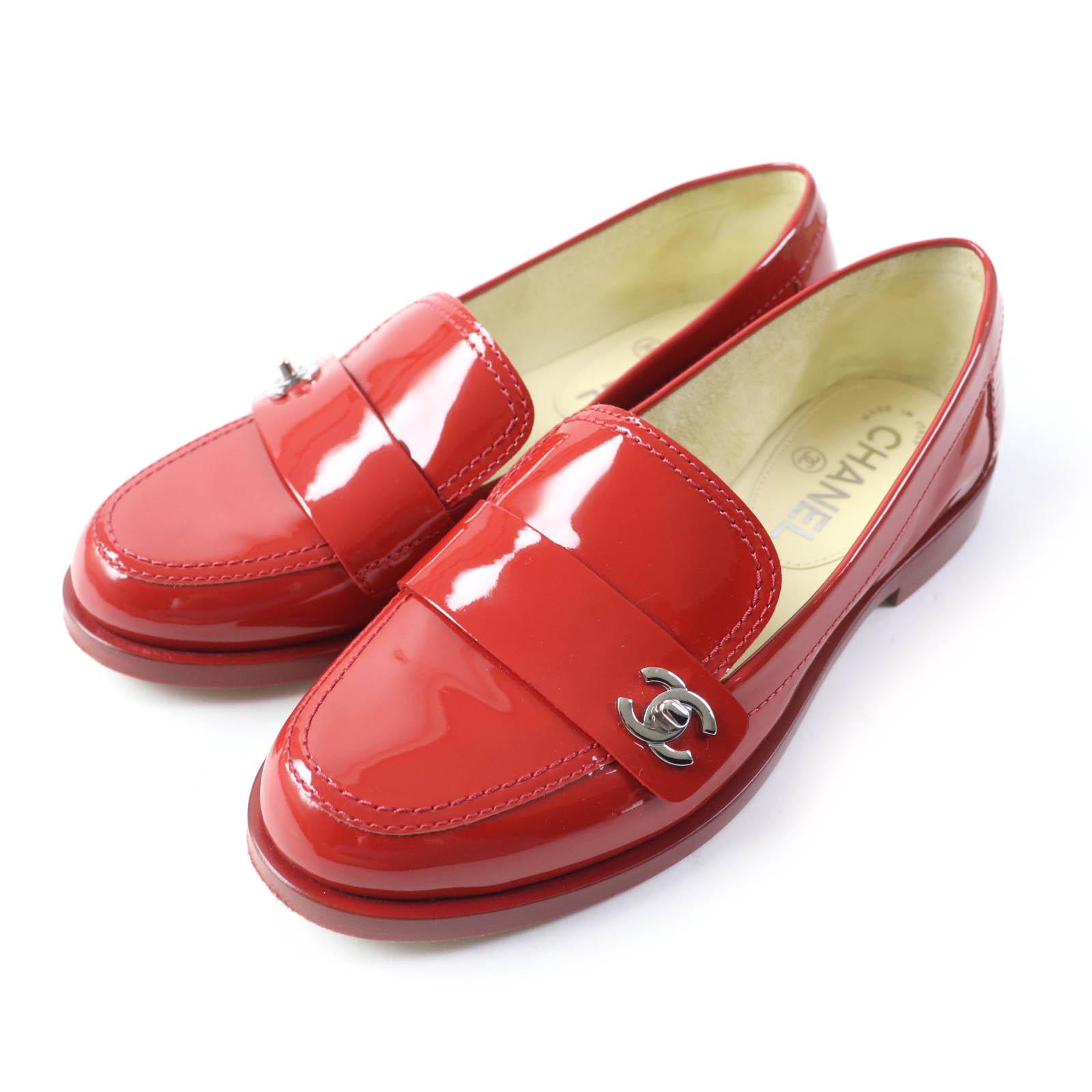 CHANEL loafers COCO MarkMetal round toe patent leather Red Women G30708 Used