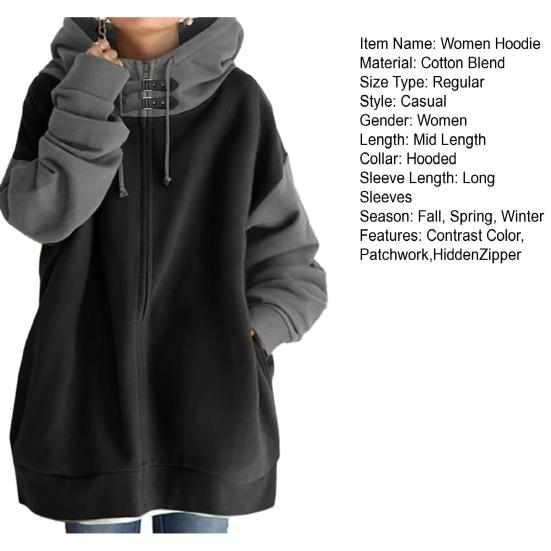 

Женская осенняя лоскутная толстовка с капюшоном на молнии, свободного кроя, с длинными рукавами XS чёрный