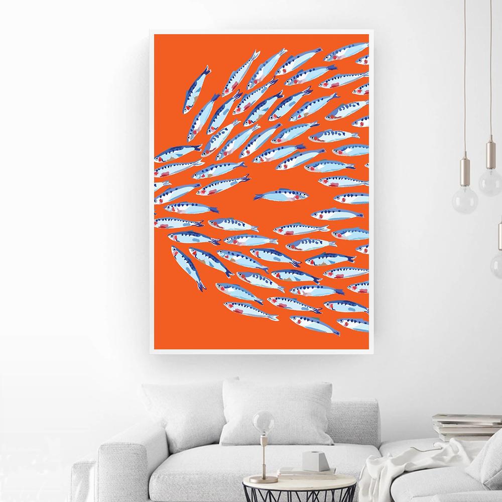 Fish Shaul Nautical Orange Wall Art Canvas Painting Sunshine Rainbow Wave Posters And Prints Wall Pictures For Living Room Decor