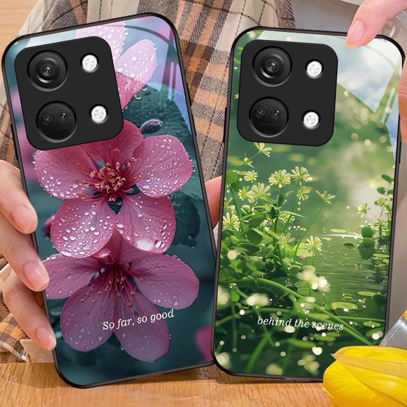Blue Flower Element For OnePlus Nord 3 5 6T 7 Pro 8 12 10T Reno8 Lite 5G 10R Nord N30 Shell Tempered Glass Phone Case Black