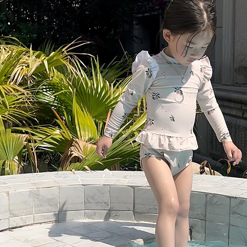 Girls' Cherry Blossom Lace Long Sleeve Swimsuit - Summer Princess Design