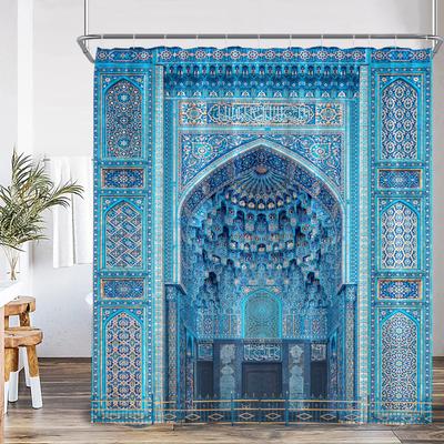 3D marocký vintage sprchový závěs, geometrický vzor, design dveří, vchod, architektonický orientální styl, koupelna