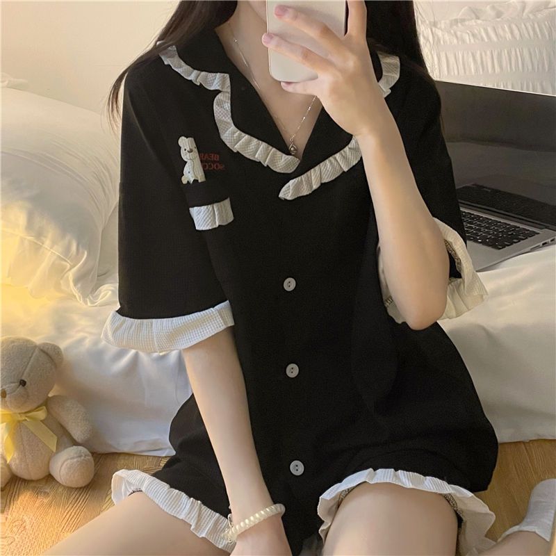 

Летние пижамы, женские шорты с короткими рукавами, свободный кардиган с бантом, летний можно носить как домашний комплект одежды M