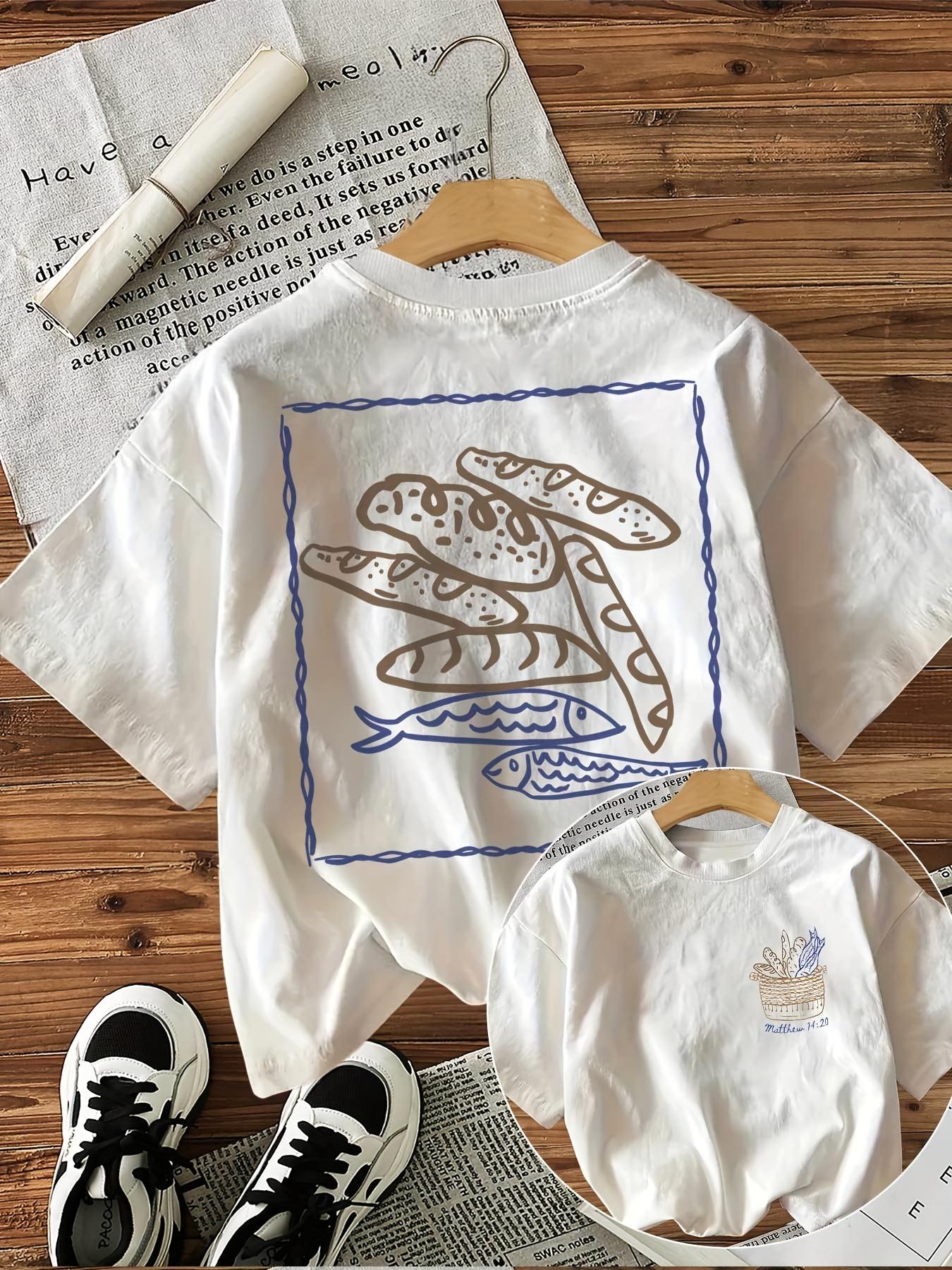 Back Print Five Loaves Two Fish Christian T Shirt Women Matthew 14:21 Bible Verse Graphic Tee Summer Casual Loose Harajuku Top XS