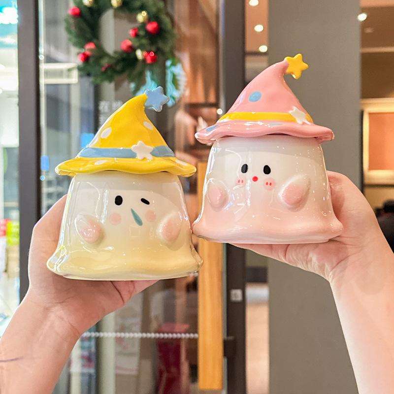 Søt og morsom spøkelseskopp, keramisk jentekopp med lokk, suvenir, praktisk gaveeske til gutter, bursdagsgave.