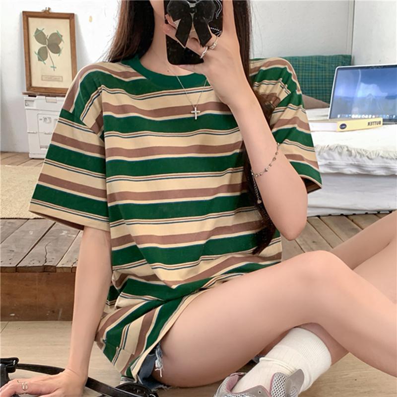 

2025 летние простые футболки с коротким рукавом для женщин, винтажные повседневные свободные футболки с радужными полосками, футболки с буквами в стиле Харадзюку, кавайные студенческие футболки, топы y2k XL красный