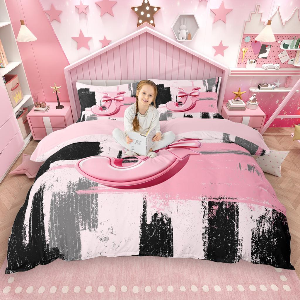 Homewish Girls Bow Monogrammed Duvet Cover Set 2Pcs/3Pcs Black Pink Ombre Bedding Set Personalized Letter A To T Quilt Cover
