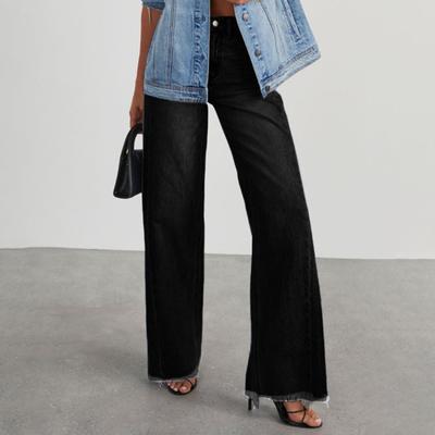Women's Stretch Denim Pants High Waist Wide Leg Jeans Casual Straight Leg Frayed Hem Jean Trousers with Pockets