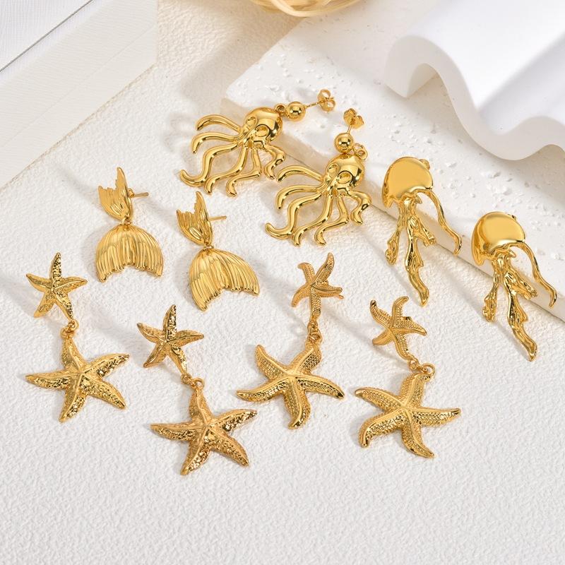 Starfish Stainless Steel Earrings Light Luxury High Sense Retro Simple Jellyfish Exaggerated Earrings Women