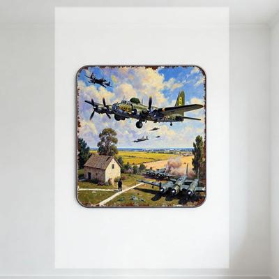Vintage Militärszene Zweiter Weltkrieg Metallblechschild - Bomber des Zweiten Weltkriegs in Formation, Steinhaus, Rustikales Rustikales Aussehen für Heimbar Mann C