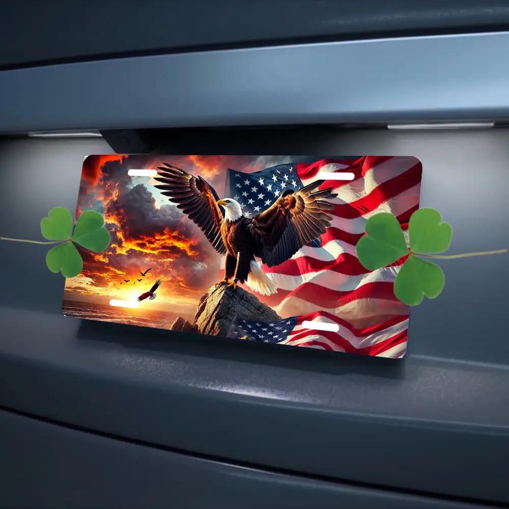 

Vintage Patriotic Bald Eagle Spread Wings American Flag Sunset License Plate D Flat Aluminum Tin Sign Wall Art Decor for Garage 15x30cm(5.9x7.8inch)