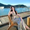 Sequins sexy neck sleeveless dress women's waist and thin high-end evening dress long dress summer