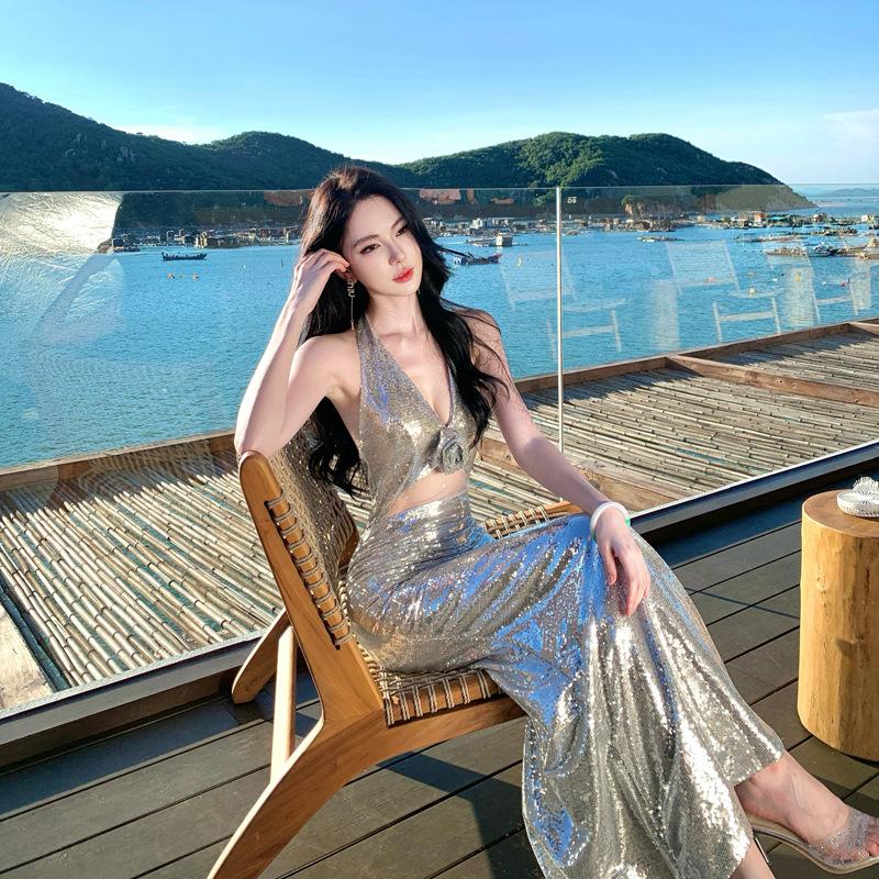 Sequins sexy neck sleeveless dress women's waist and thin high-end evening dress long dress summer