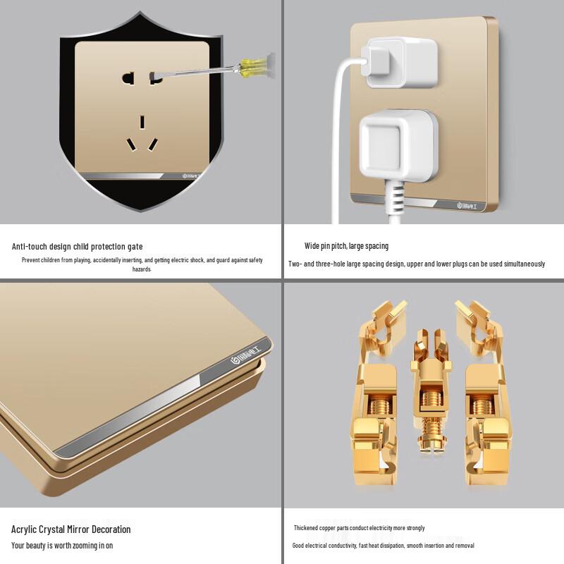 Guoji Electrician V8 Gold 86-Type 2-Gang 1-Way Wall Switch & Socket CN plug (adapter included)