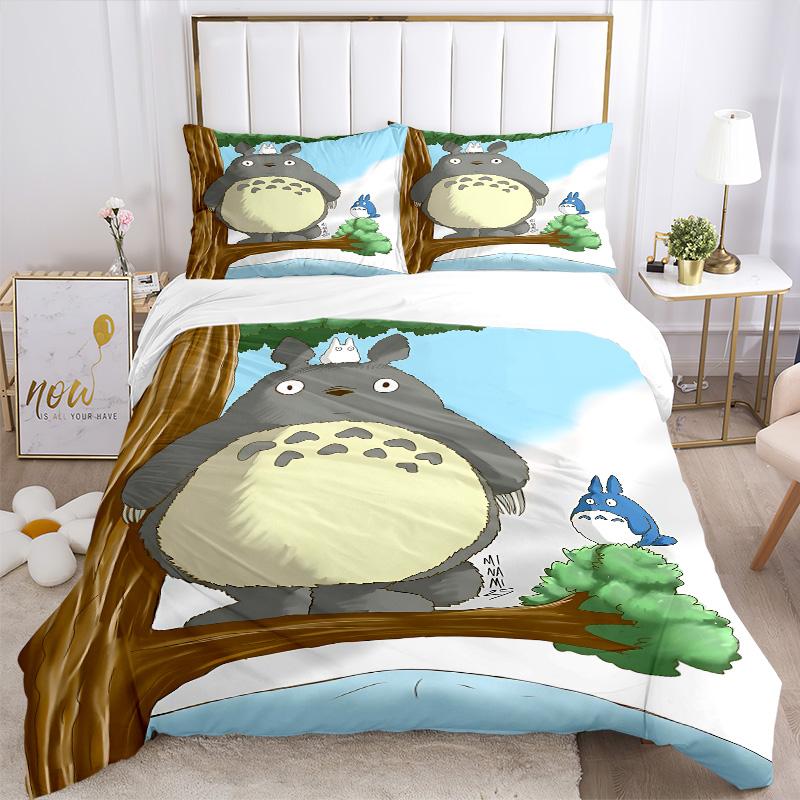 Totoro Freunde Wald Print 3-teiliges Bettwäsche-Set Bettbezug mit 2 Kissenbezügen Zuhause Geburtstagsgeschenk