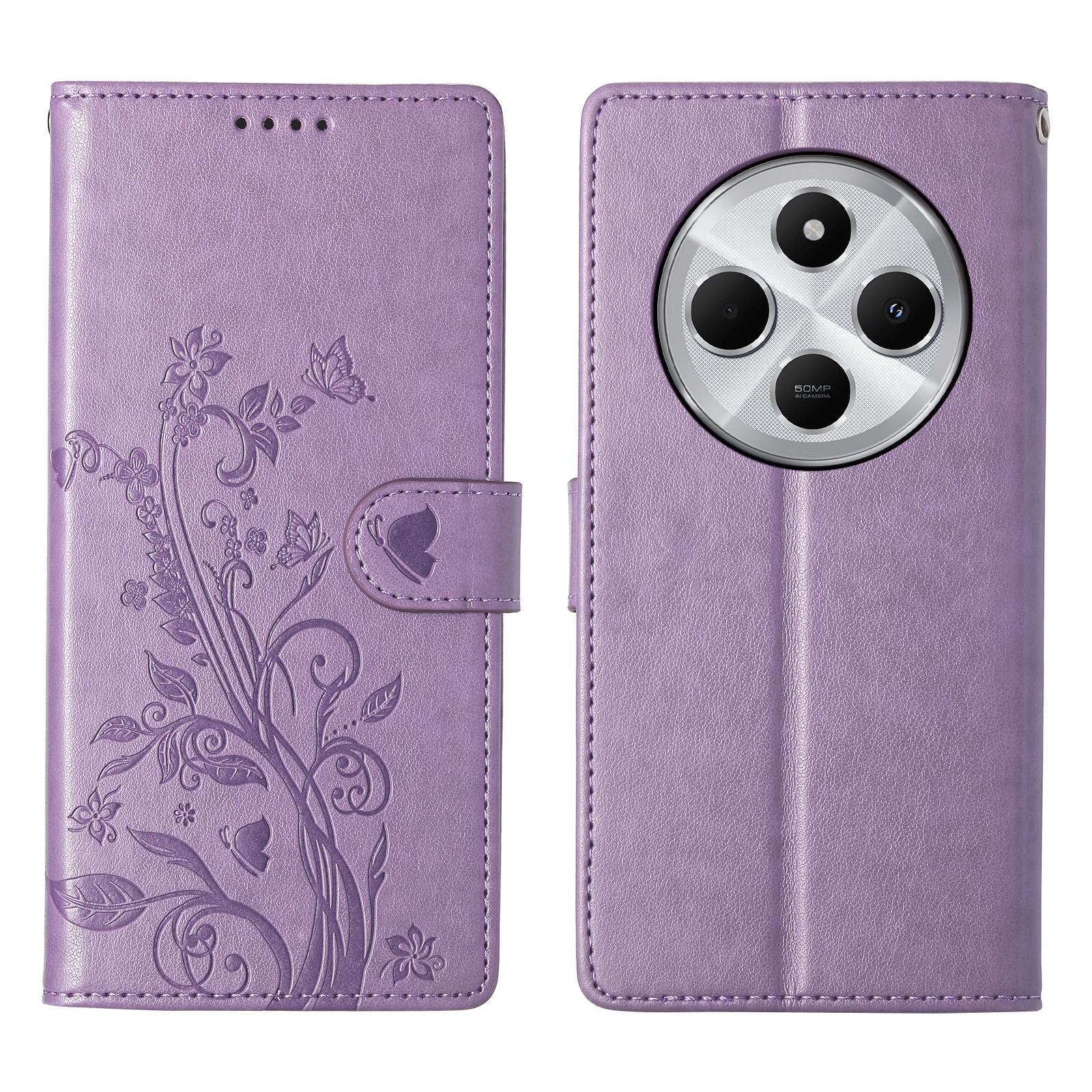 

Wallet Case For Xiaomi Poco C75 4G/Redmi 14R 5G/14C 4G Butterfly Floral Imprint PU Leather Phone Cover with Wrist Strap Purple
