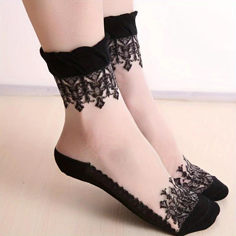 

1 Pair Floral Lace Glass Socks, Soft & Breathable Short Socks, Women S Stockings & Hosiery One Size