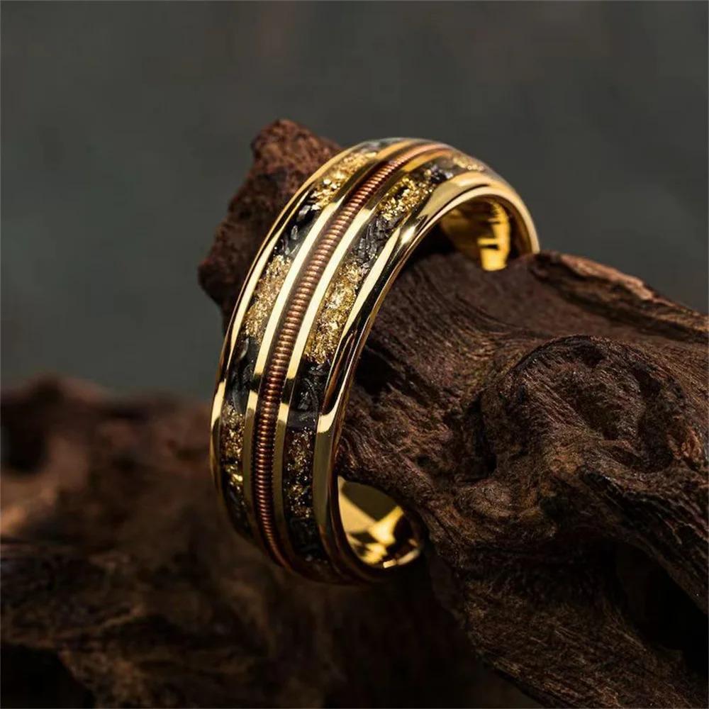 8mm Men Gold Color Stainless Steel Rings Inlay Turquoise Rings For Men Women Wedding Engagement Band Jewelry Gift