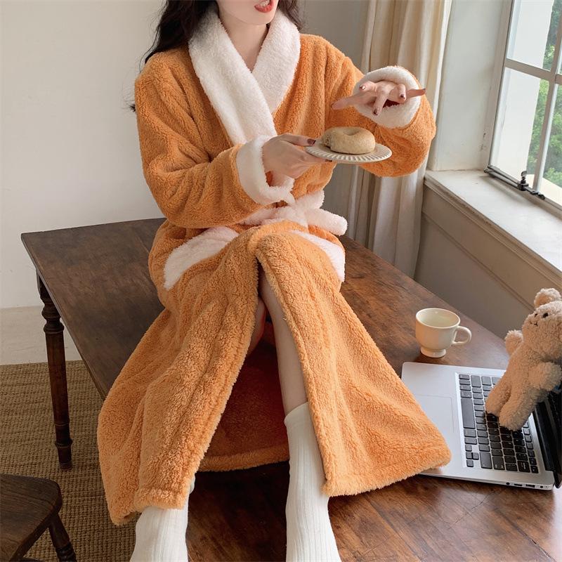 Autumn/Winter Women's Coral Fleece Bathrobe: V-neck, Belted, Long Sleeves, Mid-length, Sweet Style, Warm Homewear.