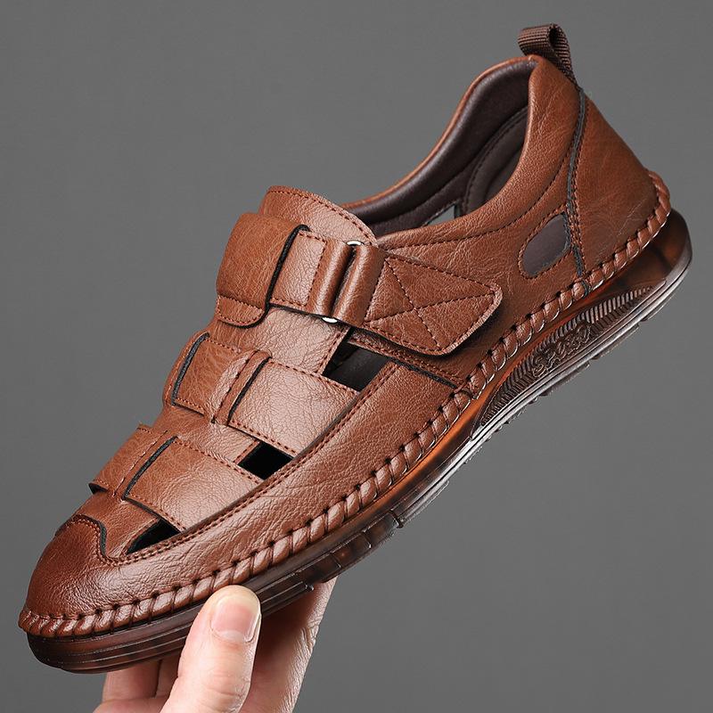 Men's Velcro Casual Closed-Toe Sandals with Hollow Design and Beef Tendon Sole