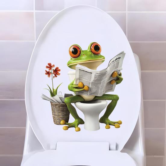 Frog Toilet Sticker Waterproof Funny Frog Reading Toilet Lid Decals Peel And Stick Removable Animal Sticker for Bathroom WC Wall Door Decor