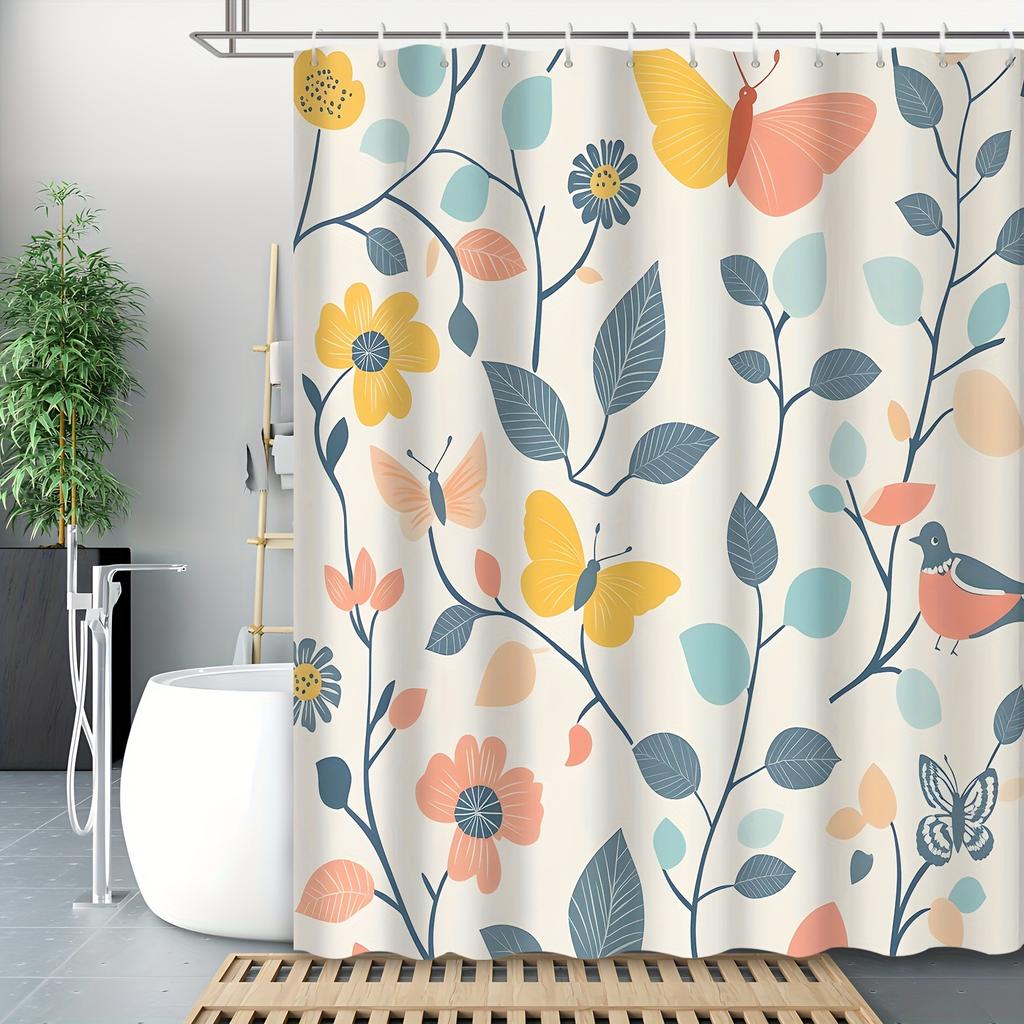 1Pcs Cartoon Watercolor Spring Flowers Eucalyptus Leaves Butterfly Shower Curtain, Machine Washable, Polyester Fabric