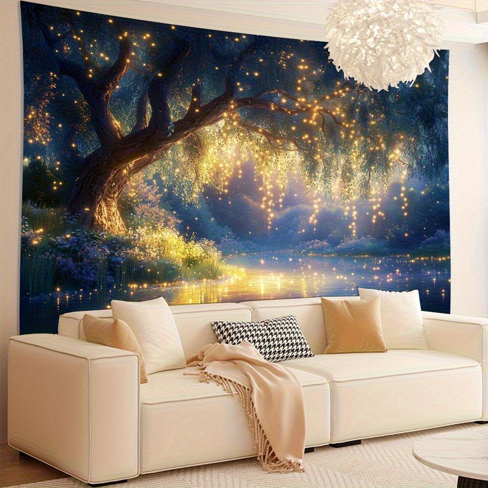 Glowing Tree Tapestry, Fireflies over River at Night, Magical Forest Landscape Wall Hanging for Bedroom Living Room Home Decor