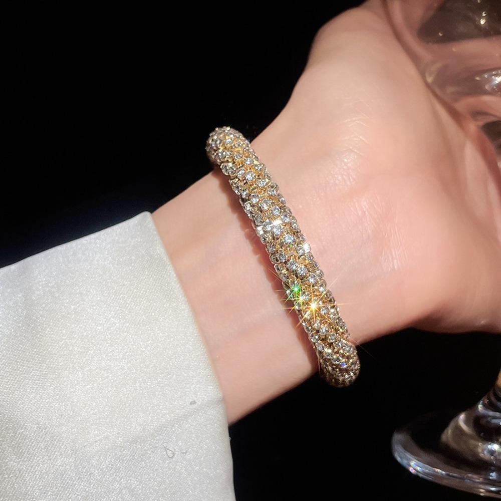 Silver Color Rhinestone Bangle Round Open Bangle Luxury Cuff Bracelet  Ladies