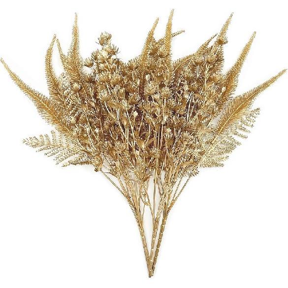 PASYOU Fake Leaves Plants for Christmas Decor, Gold Artificial Shrubs Grass Foliage Plastic Bulk Leaf Indoor Outdoor Home Garden Party Hotel Verandah