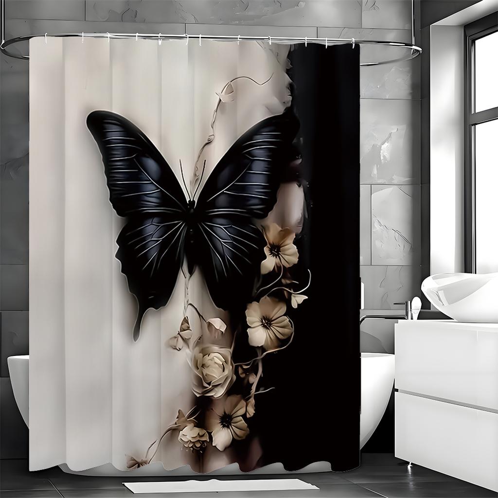 Black Bow and Floral Black and White Shower Curtain, Bathroom Decorative Shower Curtain, Waterproof Shower Curtain with Hooks