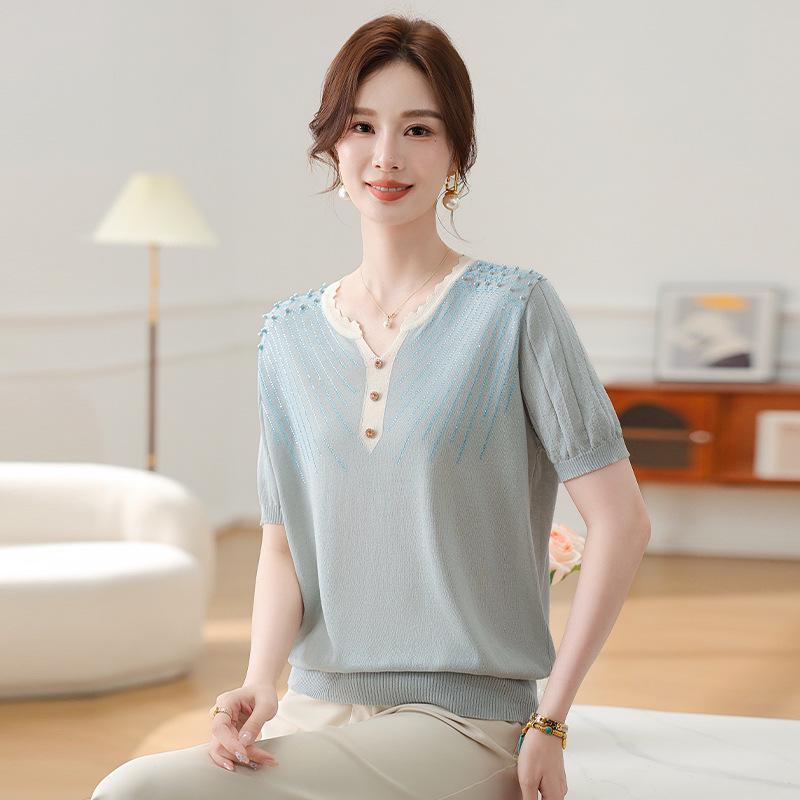 

Stylish Summer Knit Top for Middle-Aged & Elderly Women - Loose Short Sleeve T-shirt 4XL (135-150 kg) синий